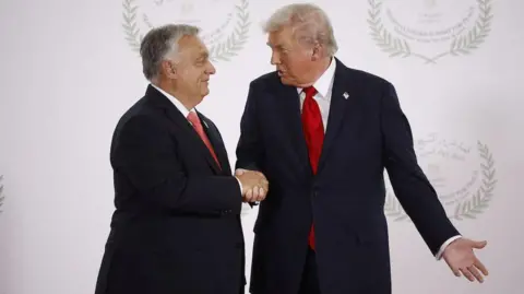 Reuters Viktor Orban and Donald Trump shake hands with Trump appearing to be saying something as he faces Orban. Both men are dressed in suits with a white background